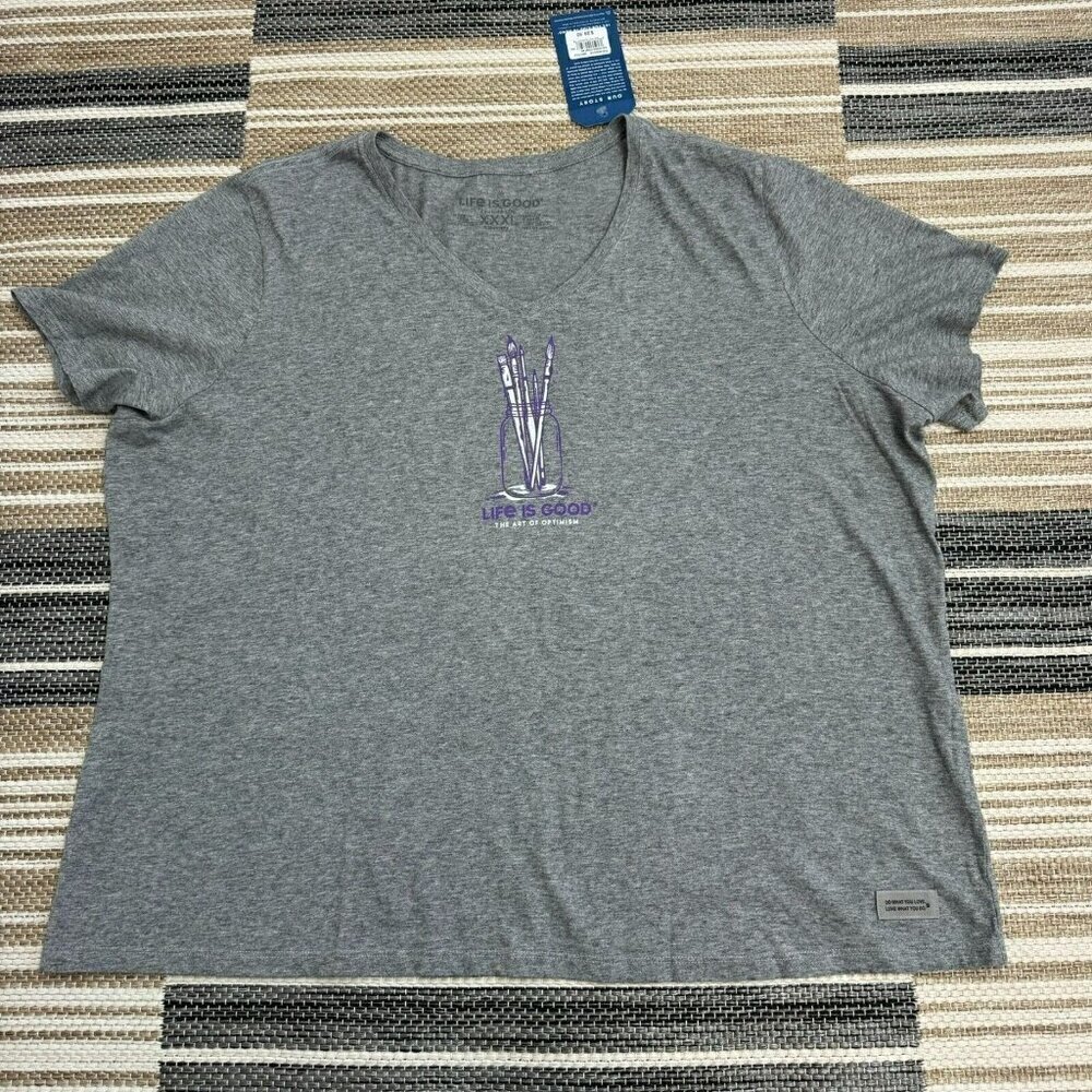 Life Is Good Women's Paint Jar Crusher Lite V Neck Shirt Graphic Gray XXXL